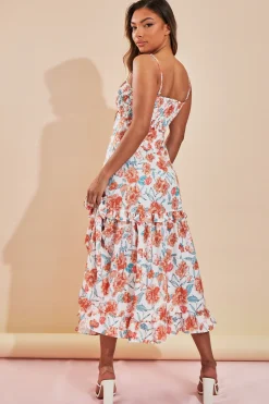 Rebellious Fashion Orange Floral Print Shirred Bust Midi Dress - Renita