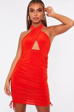 Rebellious Fashion Orange Halter Neck Slinky Mini Dress - Raylinn