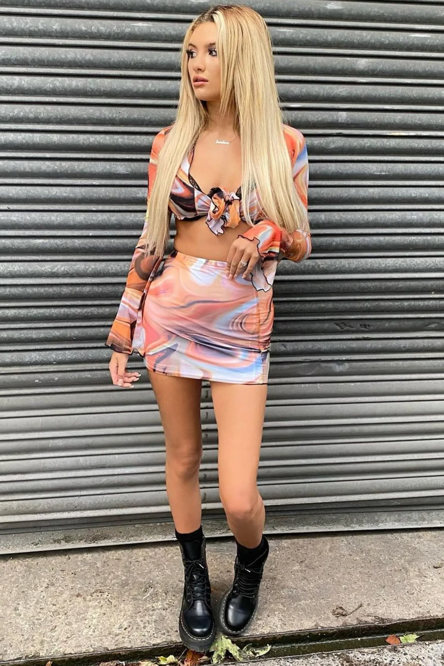 Rebellious Fashion Orange Marble Print Mesh Tie Front Crop Top And Mini Skirt Co-Ord - Jersi
