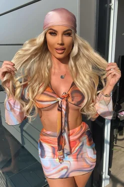Rebellious Fashion Orange Marble Print Mesh Tie Front Crop Top And Mini Skirt Co-Ord - Jersi