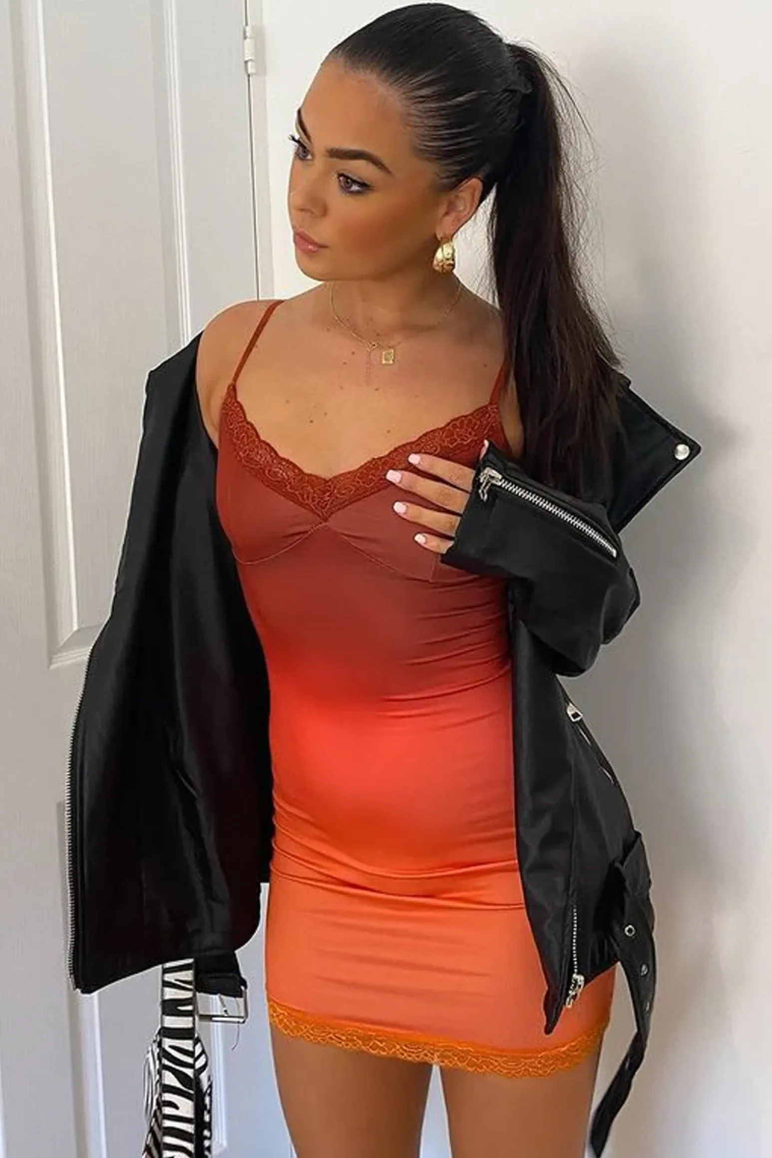 Rebellious Fashion Orange Ombre Strappy Lace Detail Bodycon Mini Dress - Pari