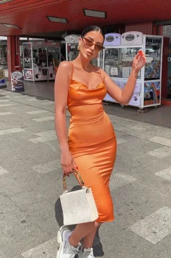 Rebellious Fashion Orange Satin Cowl Neck Midi Bodycon Dress - Liliana