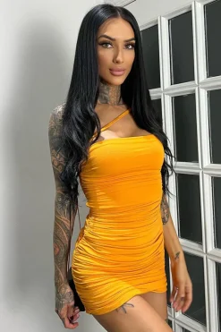 Rebellious Fashion Orange Side Ruched Jersey Mini Dress - Benita