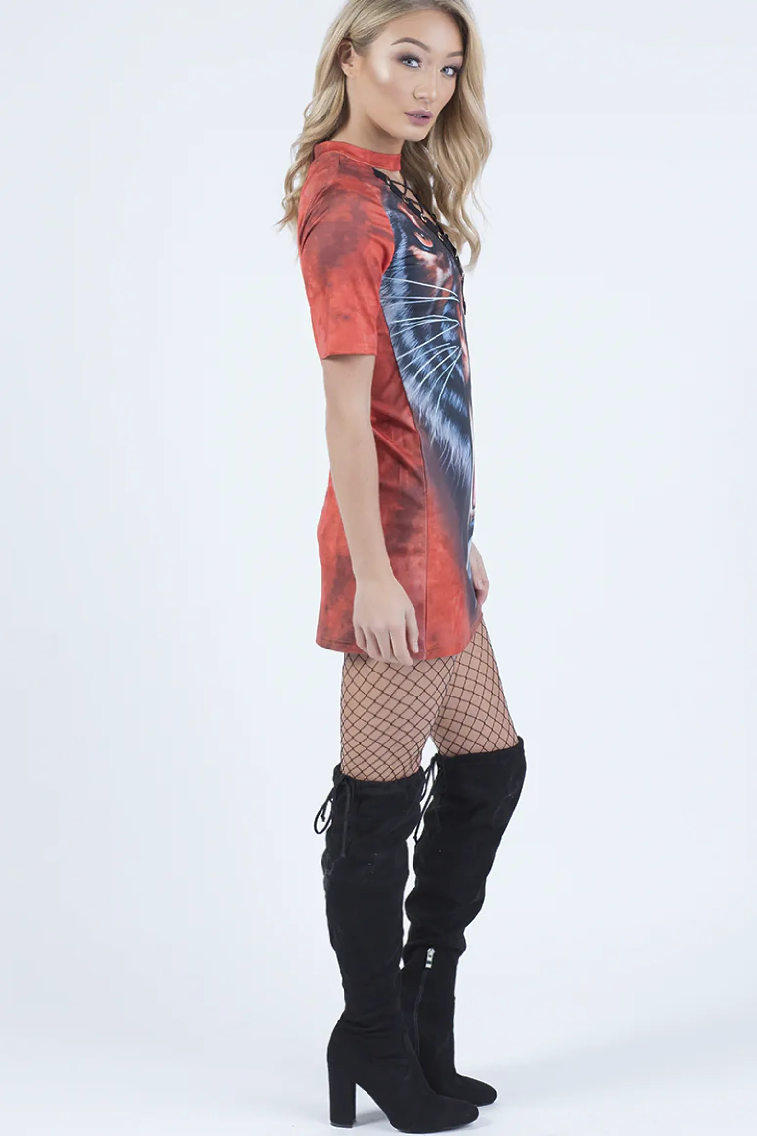 Rebellious Fashion Orange Tiger Lace Up T-Shirt Dress - Brooke