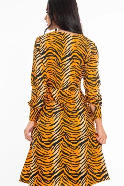 Rebellious Fashion Orange Tiger Print Plunge Wrap Button Front Midi Dress - Bettie