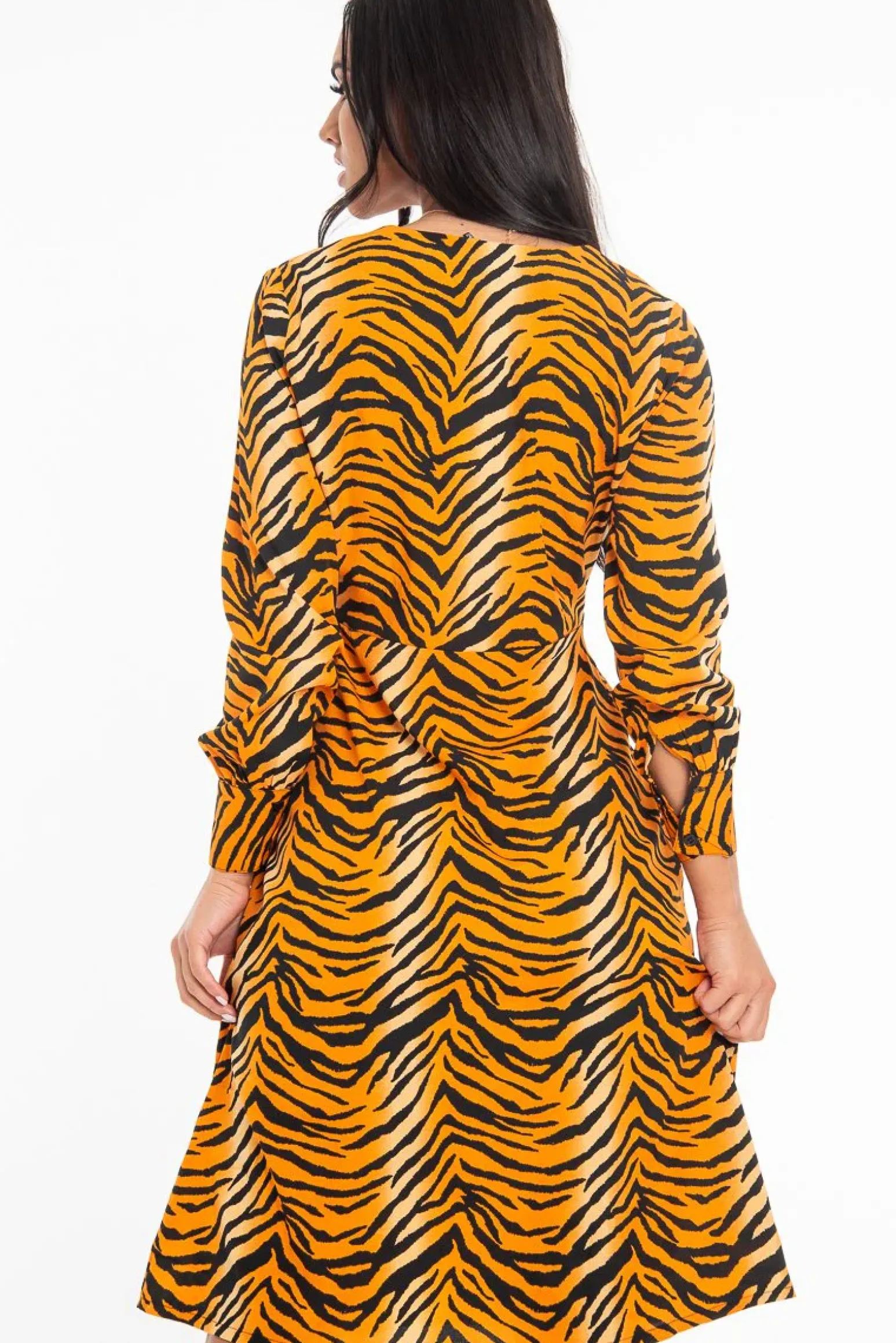 Rebellious Fashion Orange Tiger Print Plunge Wrap Button Front Midi Dress - Bettie
