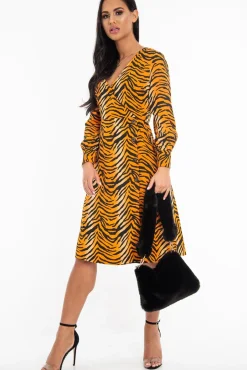 Rebellious Fashion Orange Tiger Print Plunge Wrap Button Front Midi Dress - Bettie