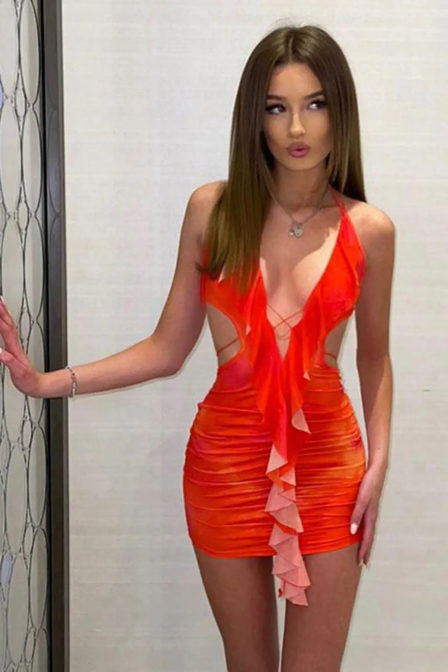 Rebellious Fashion Orange Abstract Print Frill Detail Mini Dress - Anzu