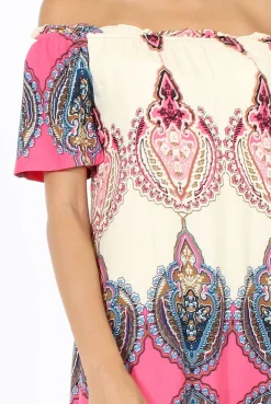 Rebellious Fashion Orange & Pink Indian Print Bardot Dress - Daphne