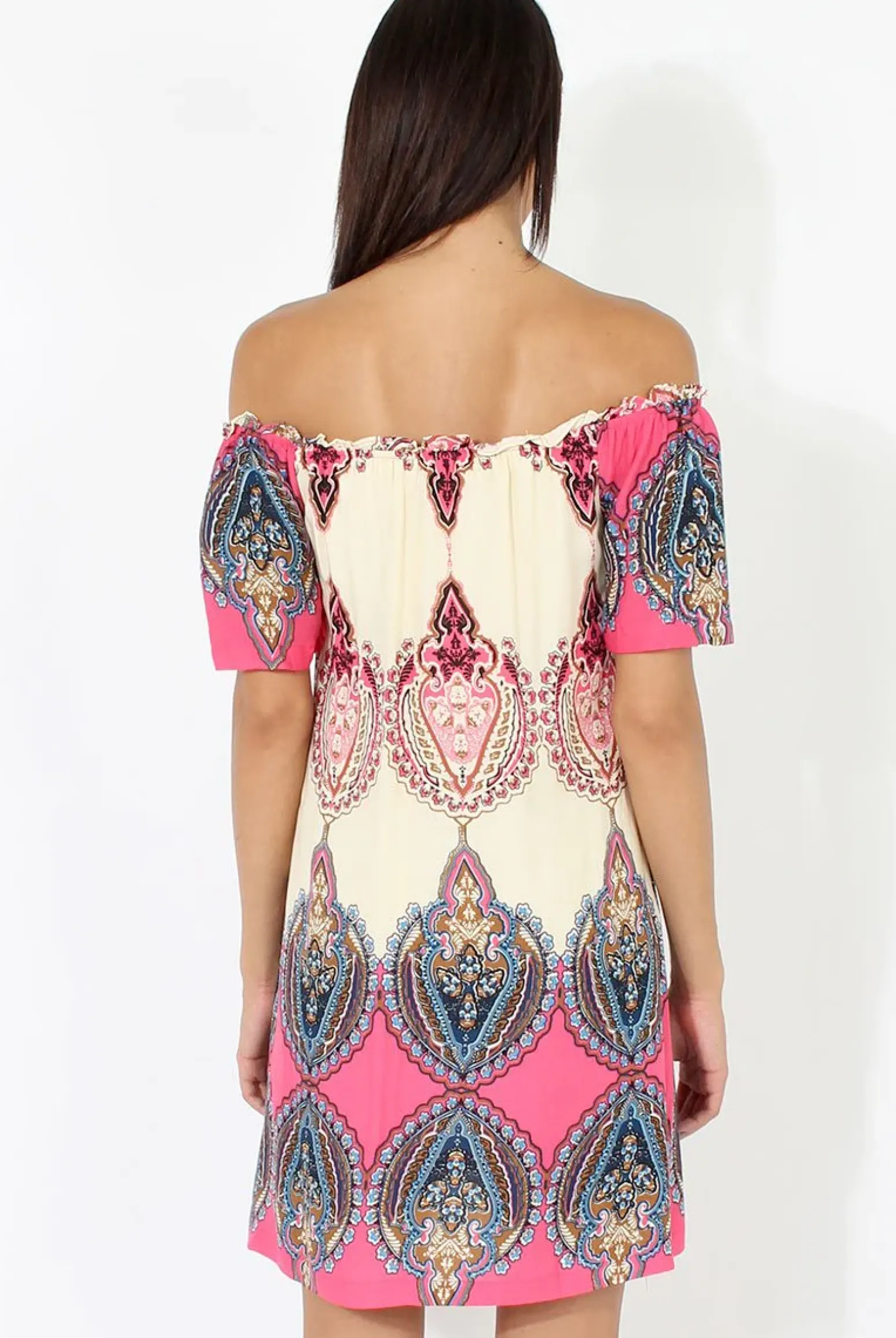 Rebellious Fashion Orange & Pink Indian Print Bardot Dress - Daphne