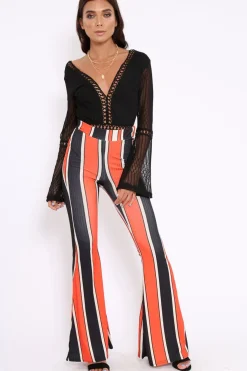 Rebellious Fashion Orange and Navy Stripe Ribbed Flares - Kassy