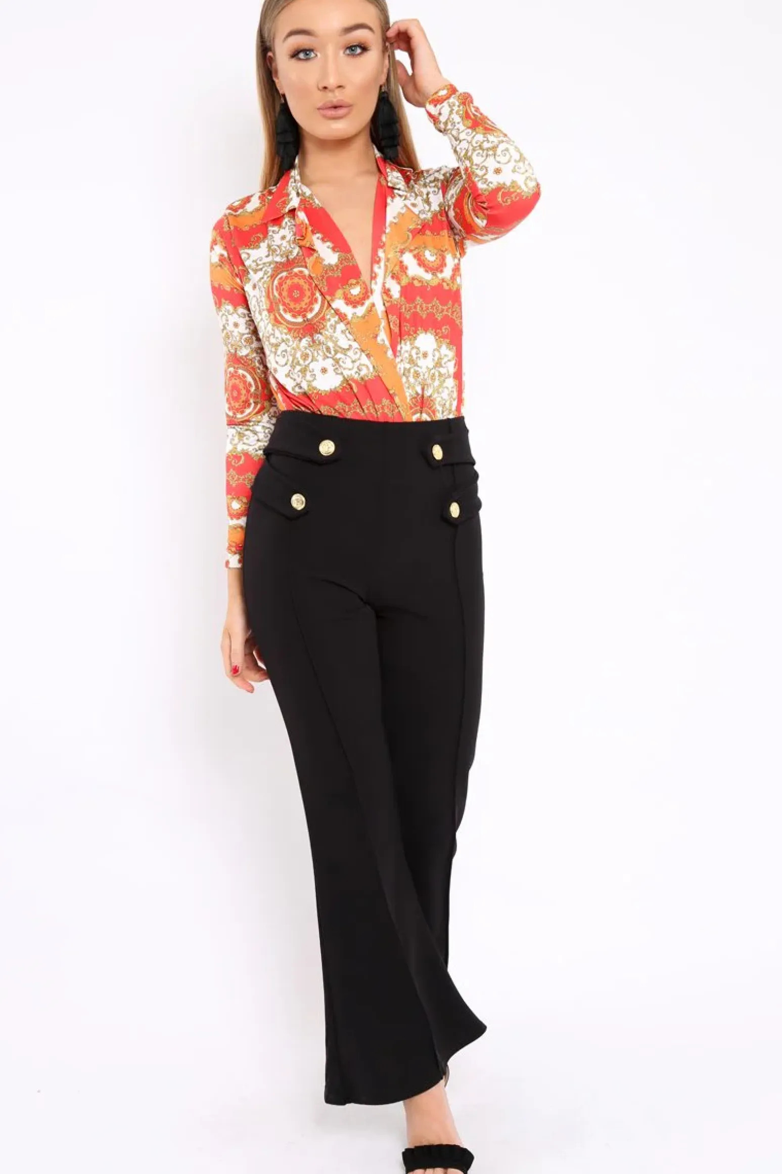 Rebellious Fashion Orange and Red Scarf Print Plunge Bodysuit - Chrissy
