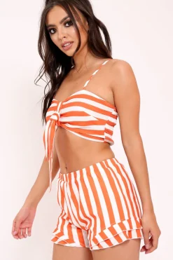 Rebellious Fashion Orange And White Striped Crop Top And Shorts Co-ord - Freida