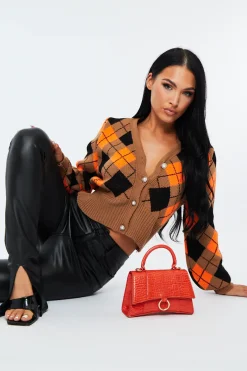 Rebellious Fashion Orange Argyle Print Knit Cardigan - Dazie