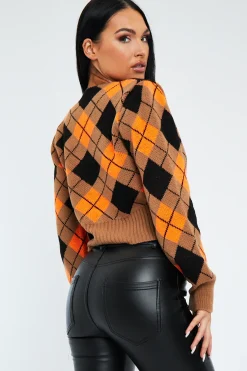 Rebellious Fashion Orange Argyle Print Knit Cardigan - Dazie
