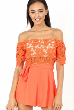 Rebellious Fashion Orange Bardot Crochet Playsuit - Wynn