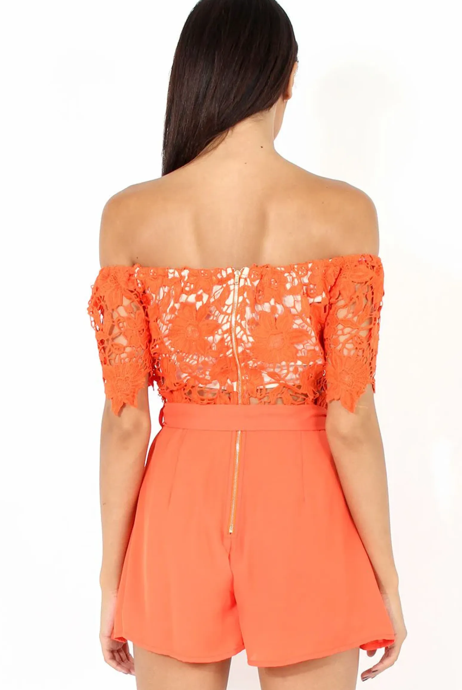Rebellious Fashion Orange Bardot Crochet Playsuit - Wynn