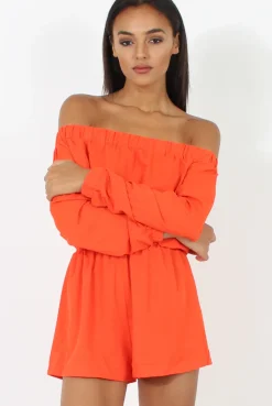 Rebellious Fashion Orange Bardot Long Sleeved Playsuit - Lateysha