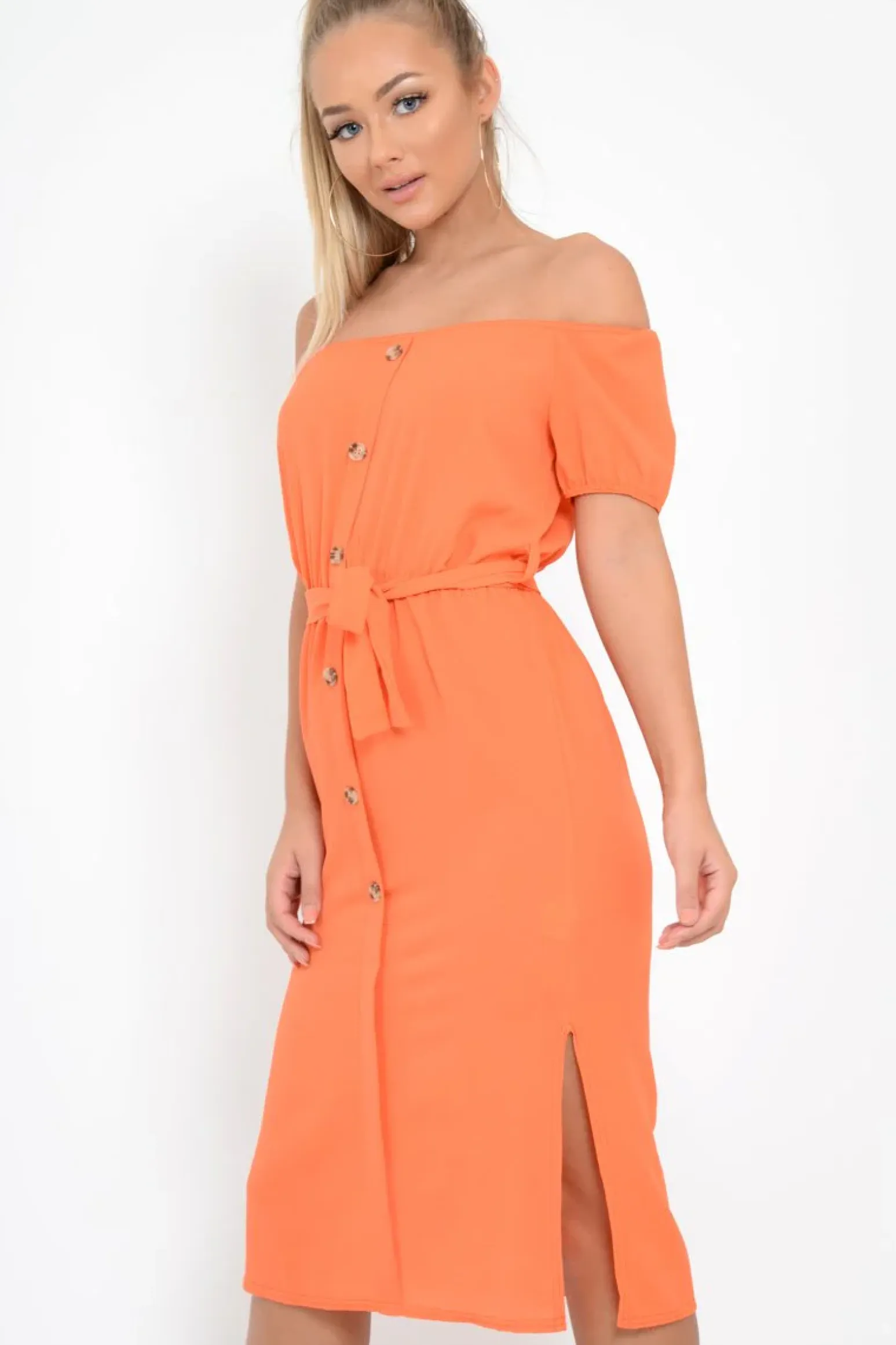 Rebellious Fashion Orange Bardot Puff Sleeve Button Midi Dress - Jacinta