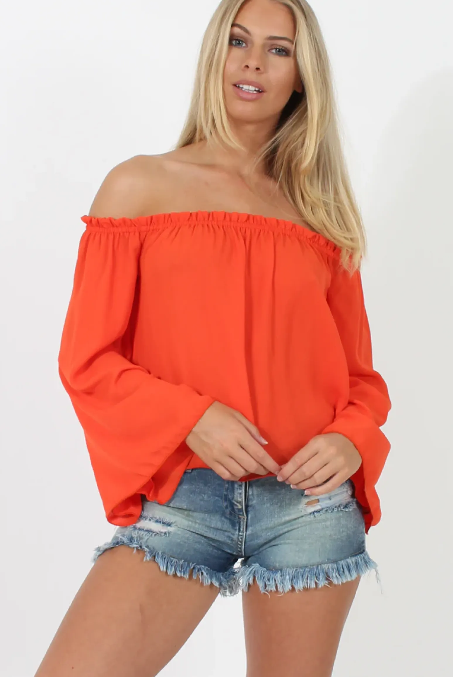 Rebellious Fashion Orange Bardot Three Quarter Bell Sleeve Crop- Chantelle