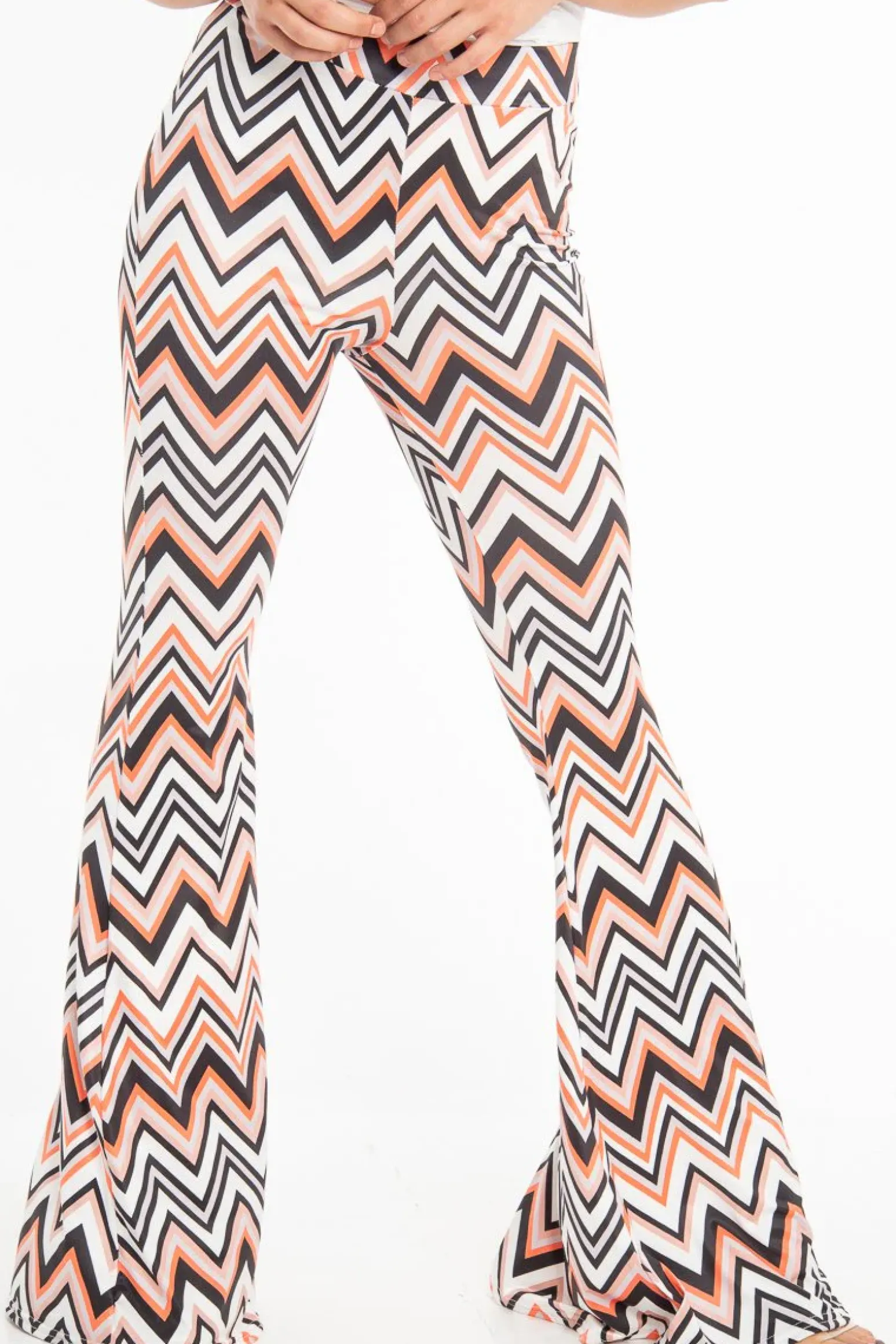 Rebellious Fashion Orange Black and White Zig-Zag Print Flared Trousers - Mianna