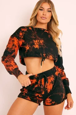 Rebellious Fashion Orange Black Tie Dye Sweatshirt Shorts Loungewear Set - Jessa