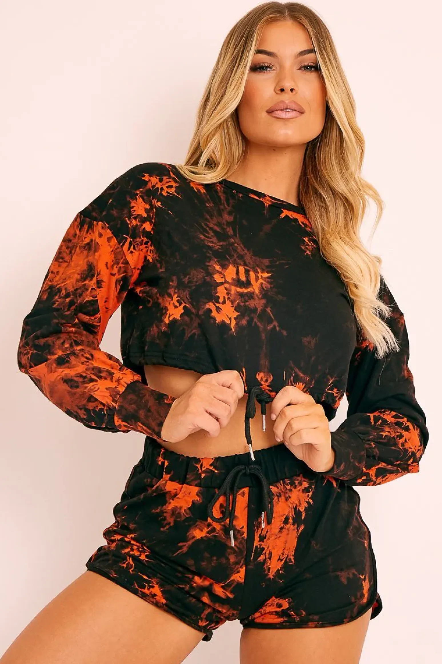 Rebellious Fashion Orange Black Tie Dye Sweatshirt Shorts Loungewear Set - Jessa