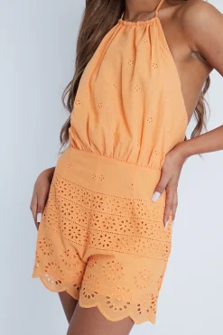 Rebellious Fashion Orange Broderie Anglaise Halter Neck Backless Playsuit - Dalya