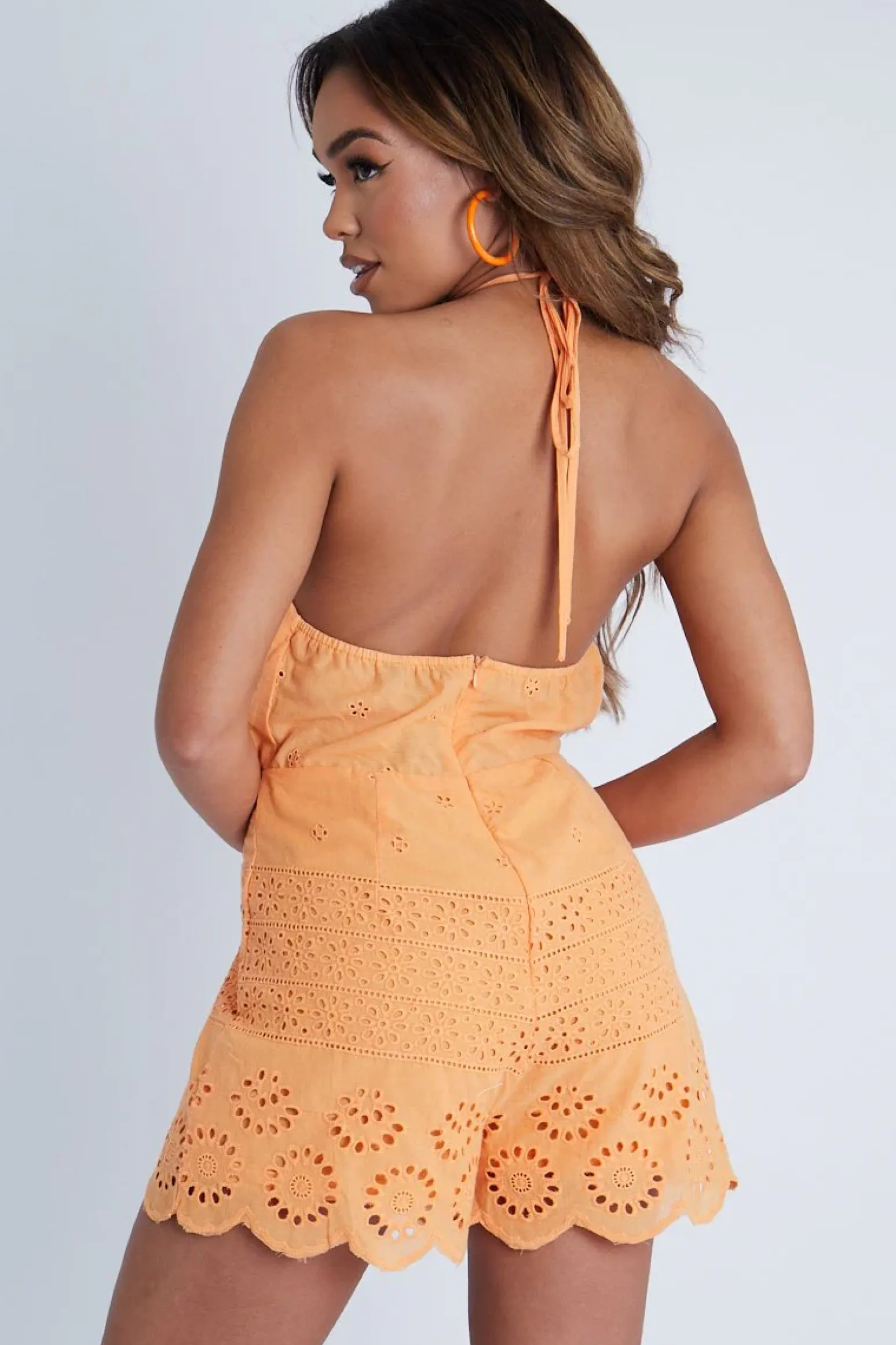 Rebellious Fashion Orange Broderie Anglaise Halter Neck Backless Playsuit - Dalya