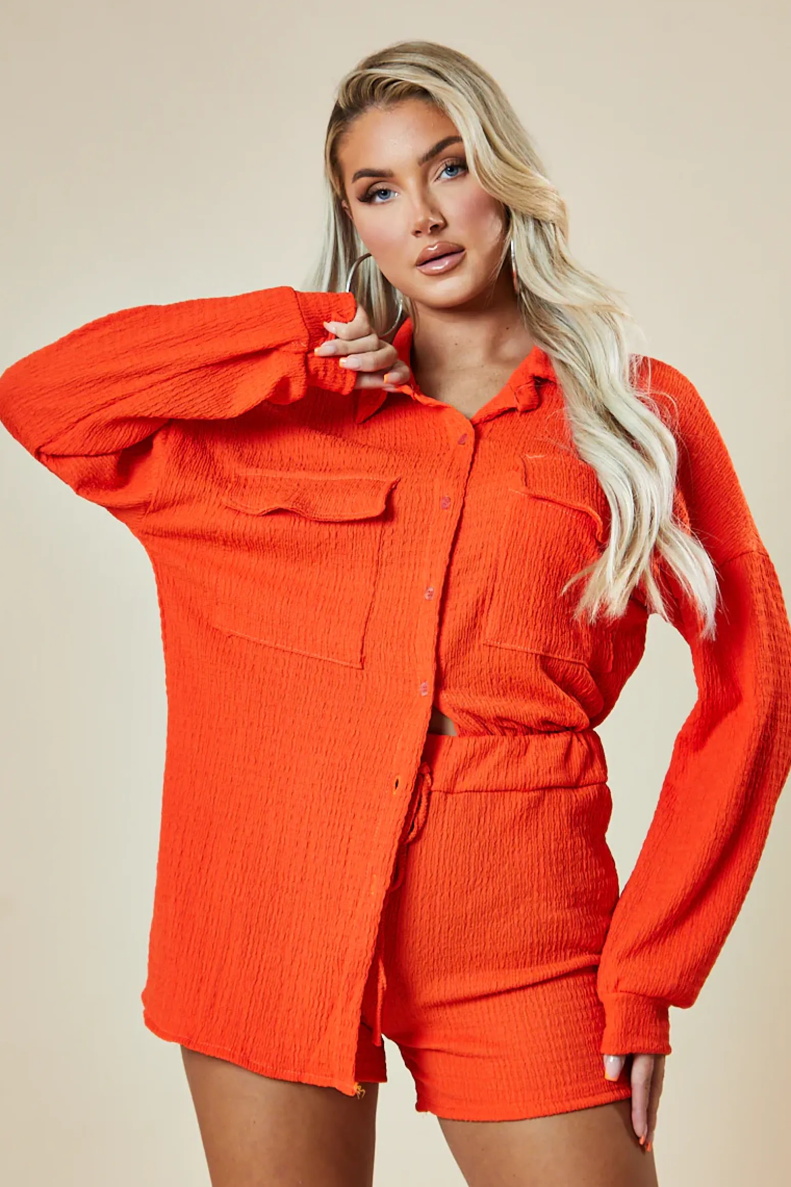 Rebellious Fashion Orange Button Up Front Shirt & Shorts Co-ord Set - Hoshi