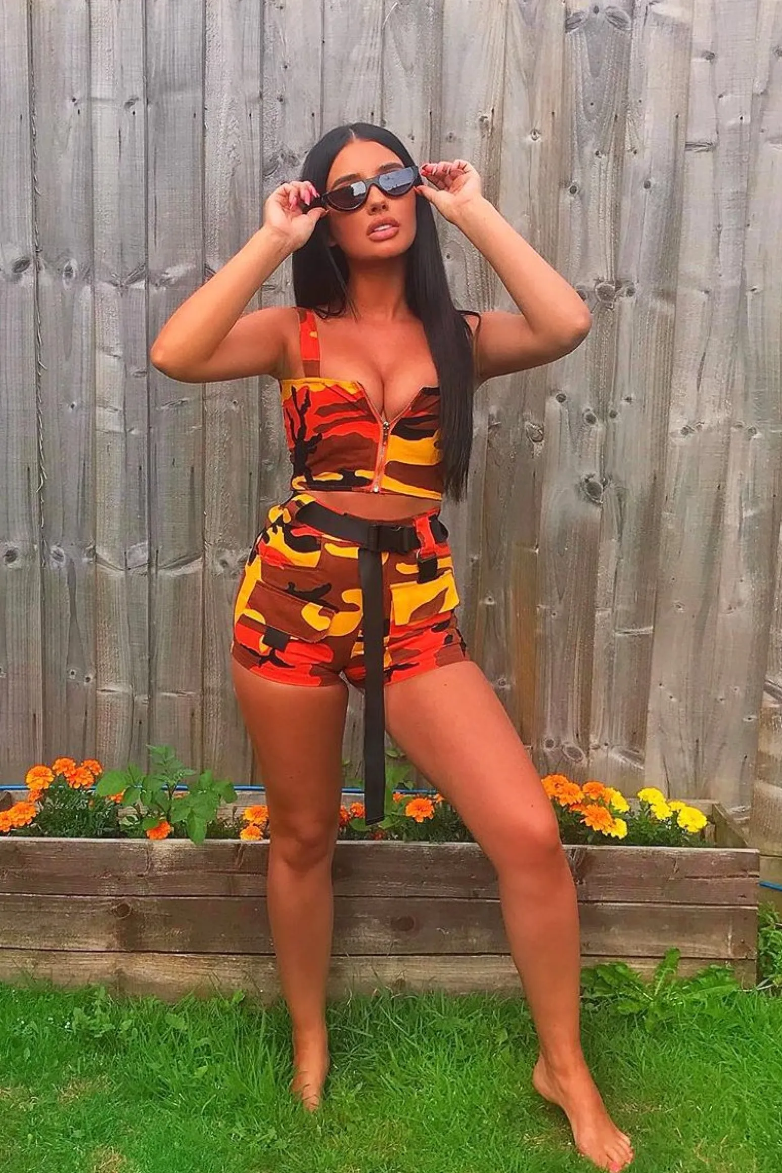Rebellious Fashion Orange Camo Buckle Crop Top and Utility Shorts Co-ord - Anabell