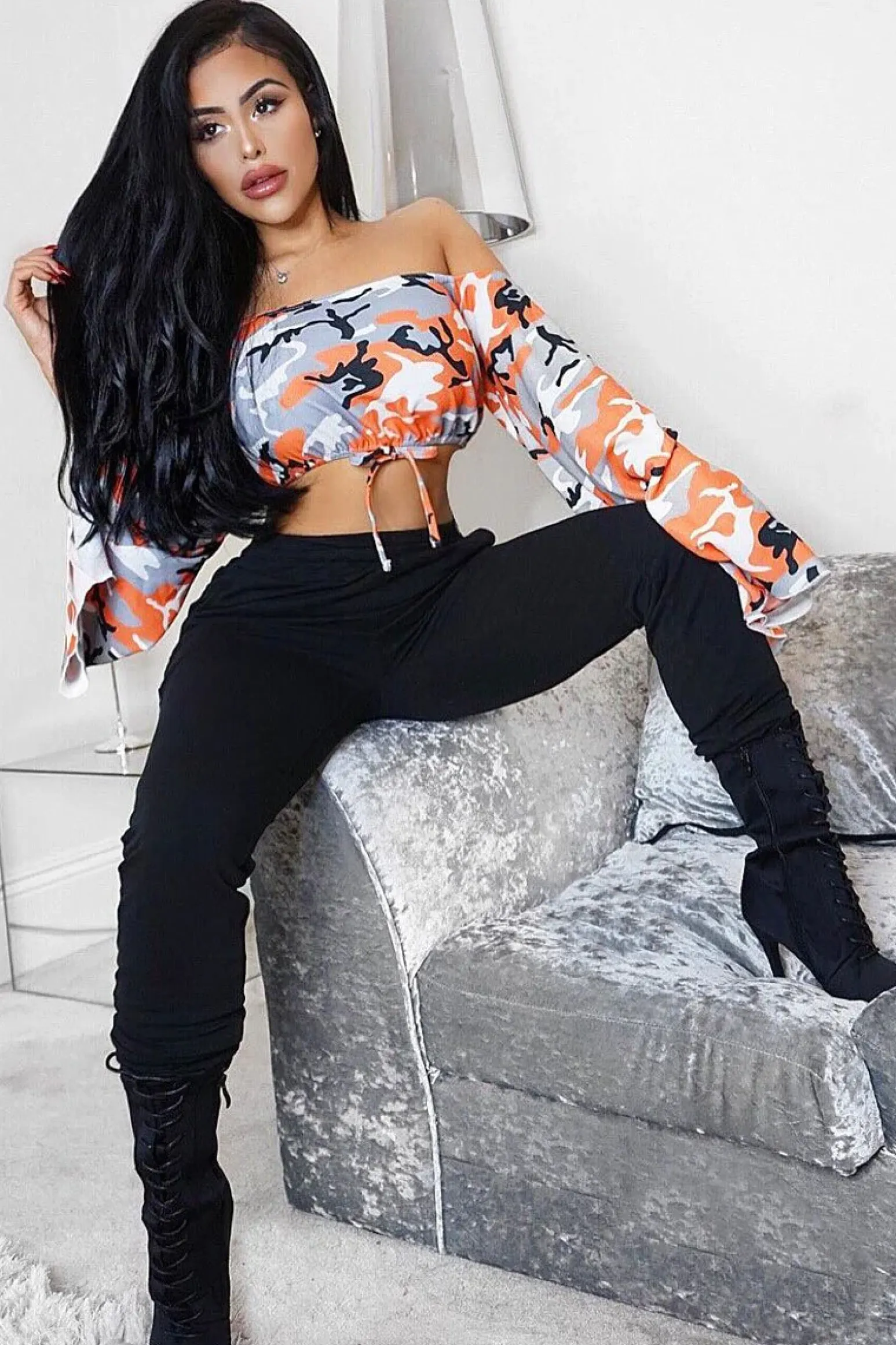 Rebellious Fashion Orange Camo Extreme Flared Sleeved Crop Top - Dalis