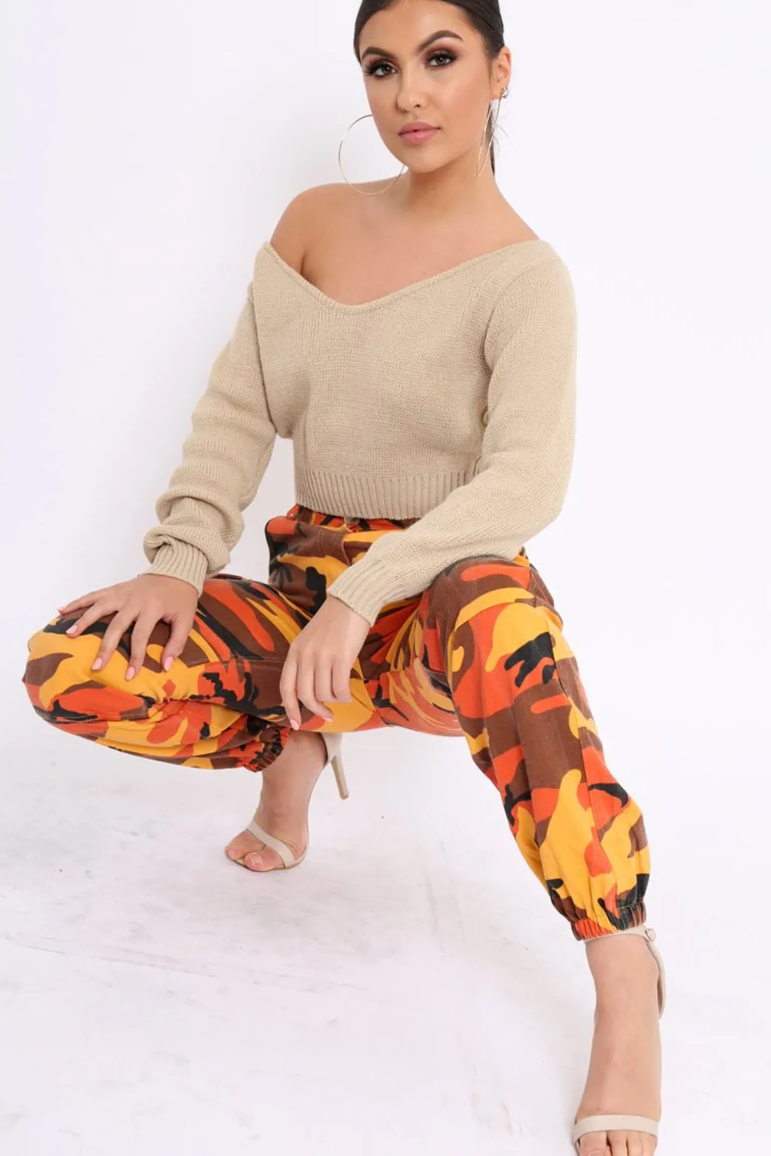 Rebellious Fashion Orange Camo Printed Cargo Trousers - Vivi