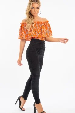 Rebellious Fashion Orange Chain Print Bardot Bodysuit - Peeta