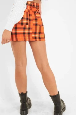 Rebellious Fashion Orange Check High Waist Mini Skirt - Lyra