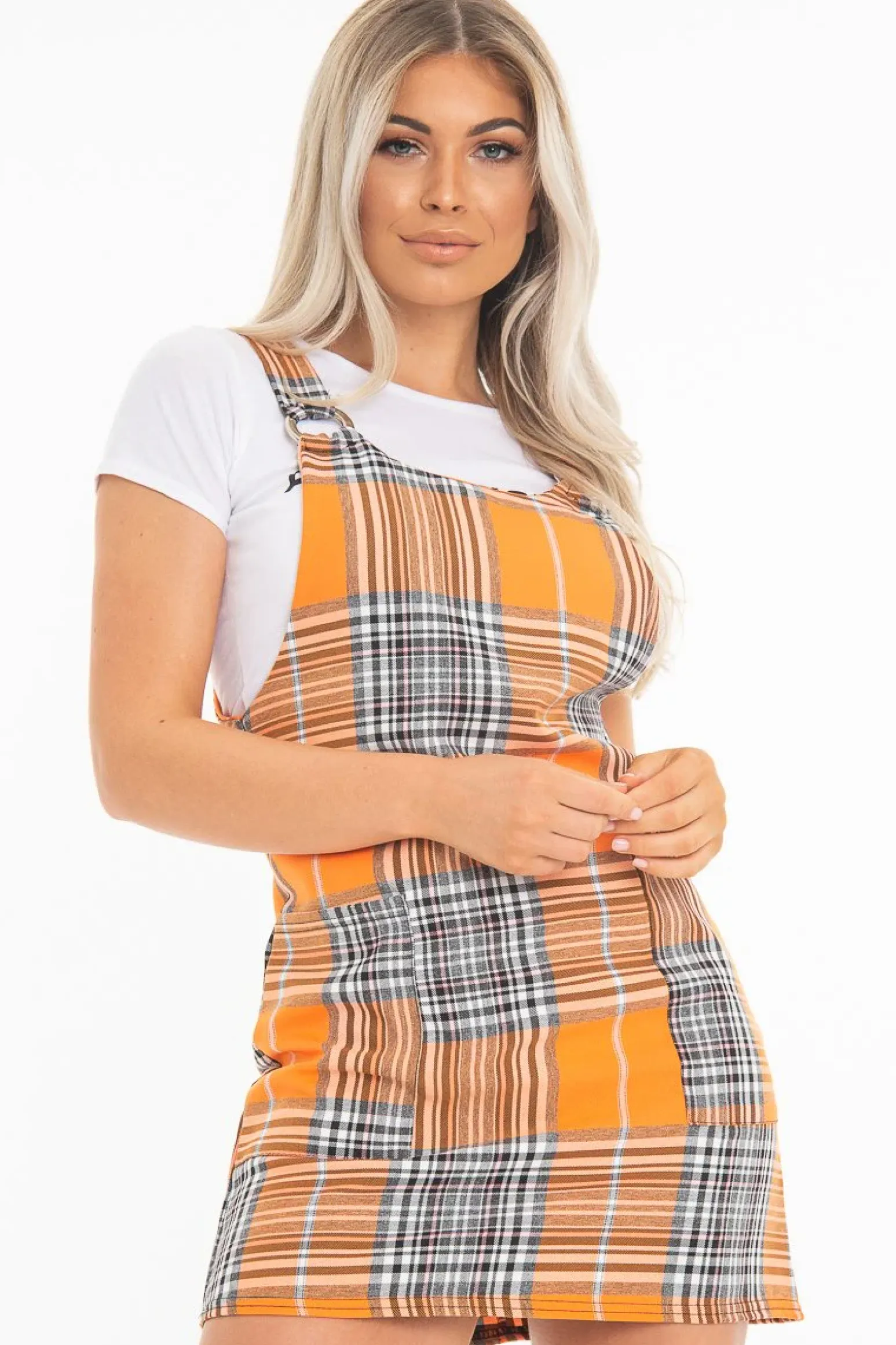 Rebellious Fashion Orange Check Ring Detail Pinafore Dress - Blaire