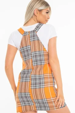 Rebellious Fashion Orange Check Ring Detail Pinafore Dress - Blaire