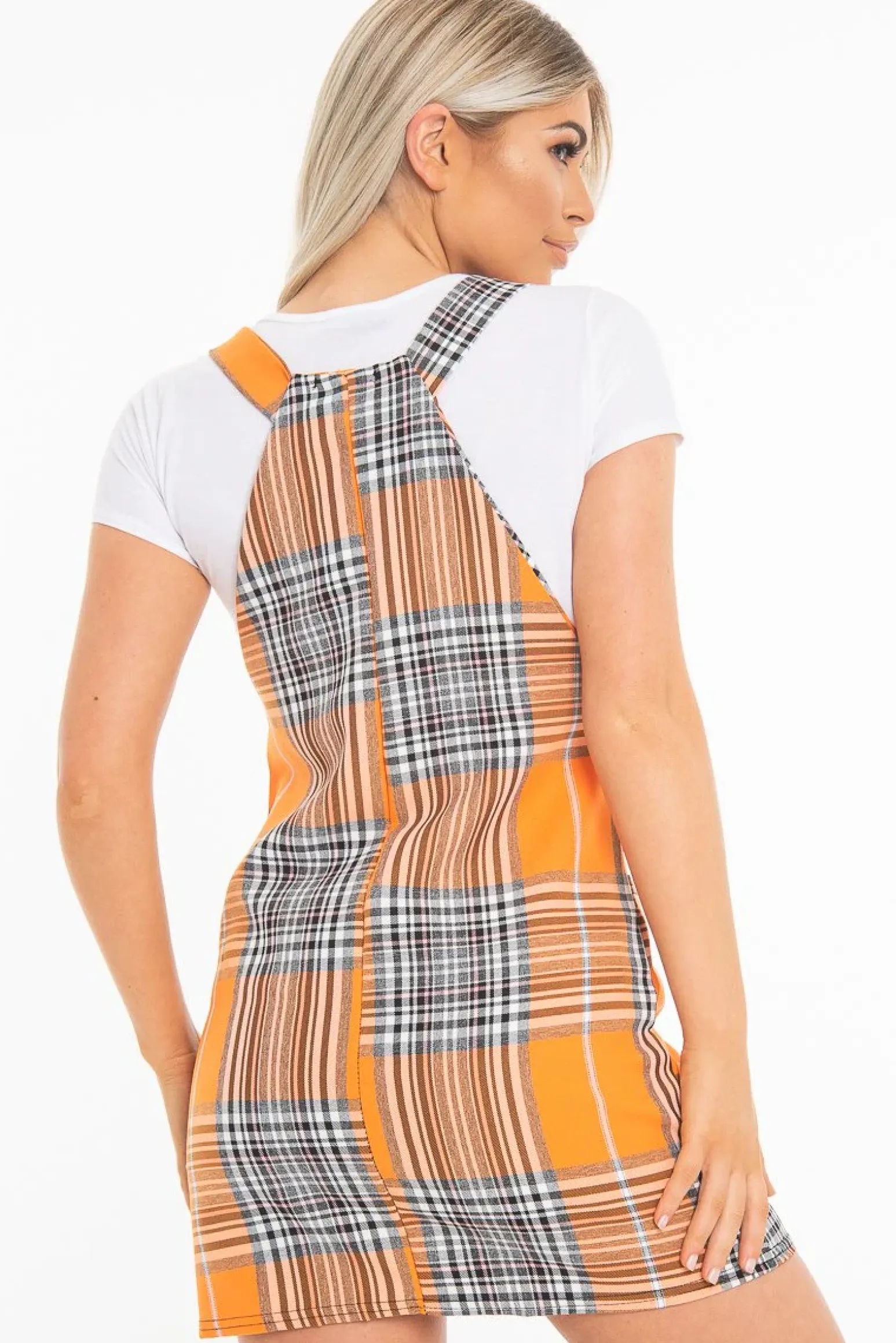 Rebellious Fashion Orange Check Ring Detail Pinafore Dress - Blaire
