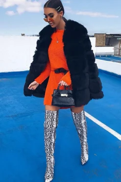 Rebellious Fashion Orange Chunky Knit Slash Neck Jumper Dress - Hessie