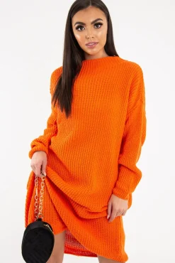 Rebellious Fashion Orange Chunky Knit Slash Neck Jumper Dress - Hessie
