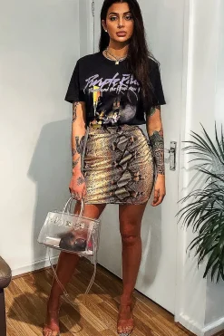 Rebellious Fashion Orange Coated Snake Print Bodycon Mini Skirt - Gigi