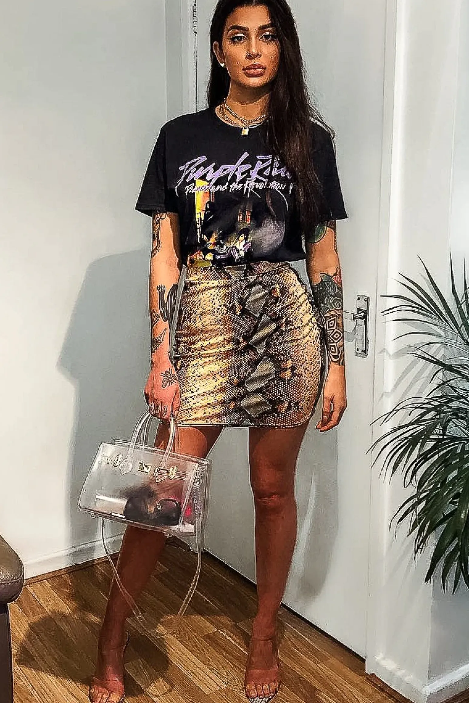 Rebellious Fashion Orange Coated Snake Print Bodycon Mini Skirt - Gigi