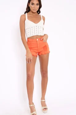 Rebellious Fashion Orange Coloured Distressed Denim Shorts - Khiya