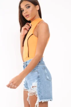 Rebellious Fashion Orange Contrast Zip Front Bodysuit - Odine