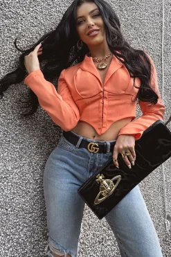 Rebellious Fashion Orange Corset Detail Plunge Blouse - Poppy