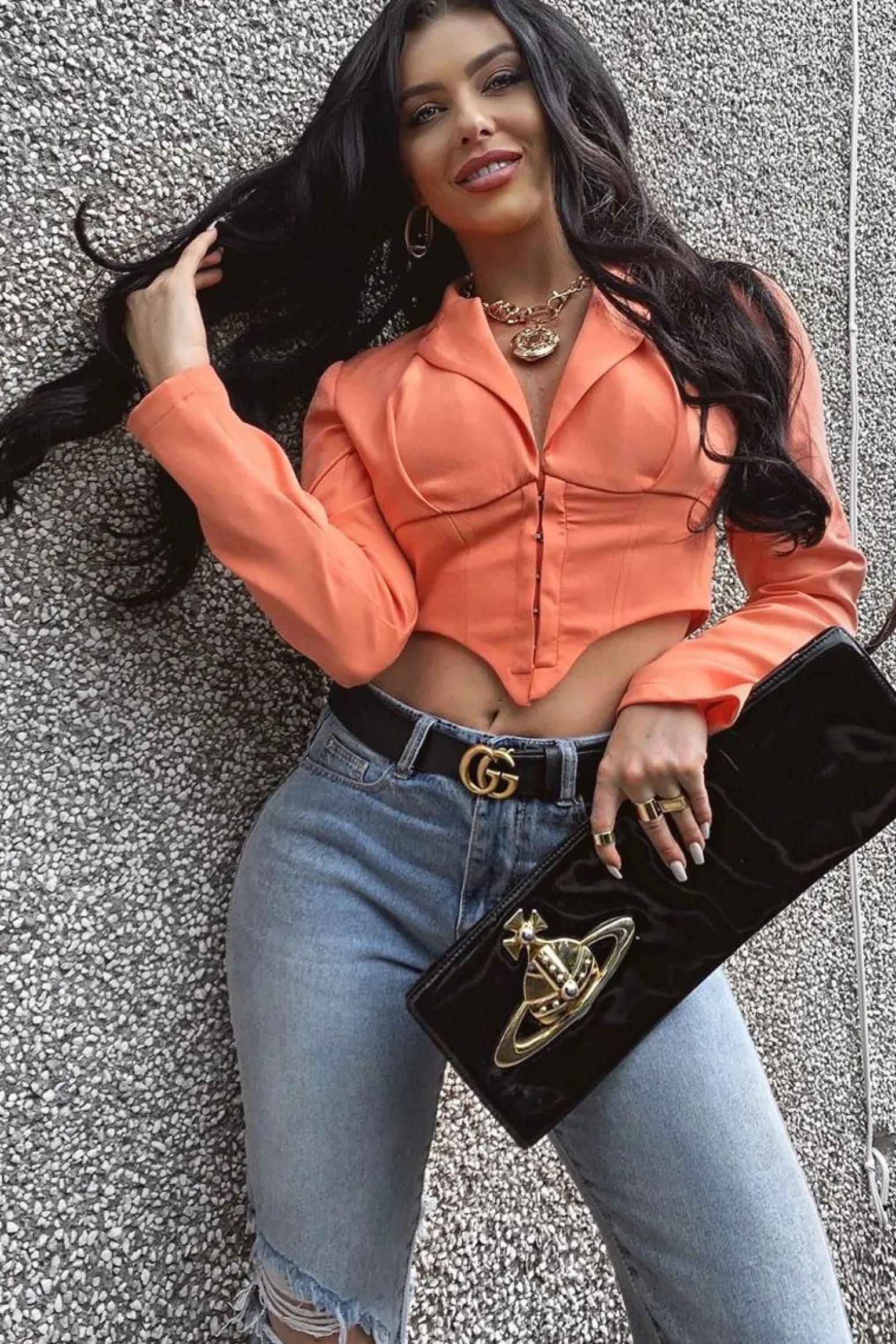 Rebellious Fashion Orange Corset Detail Plunge Blouse - Poppy