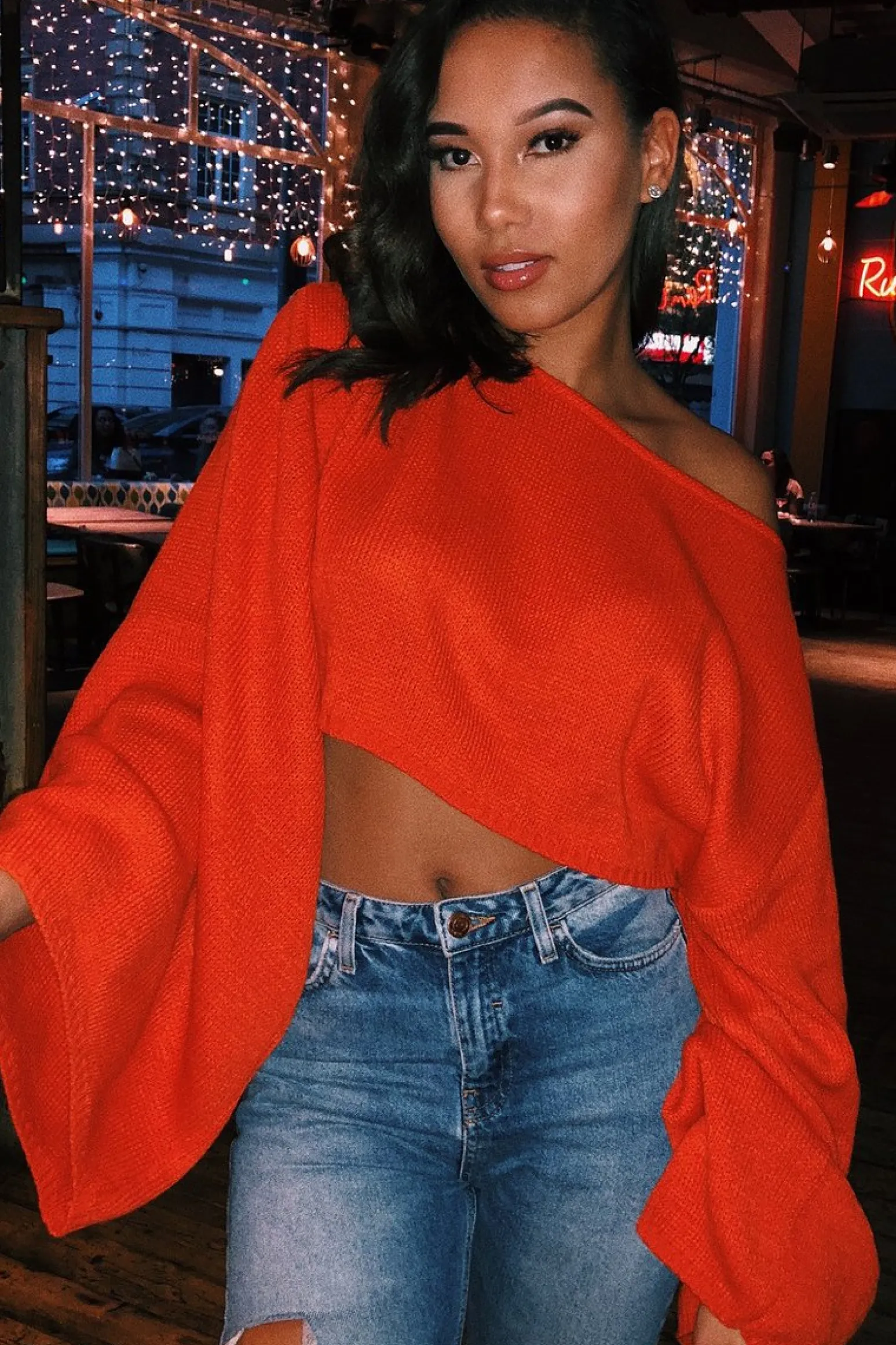 Rebellious Fashion Orange Cropped Batwing Jumper - Carmin
