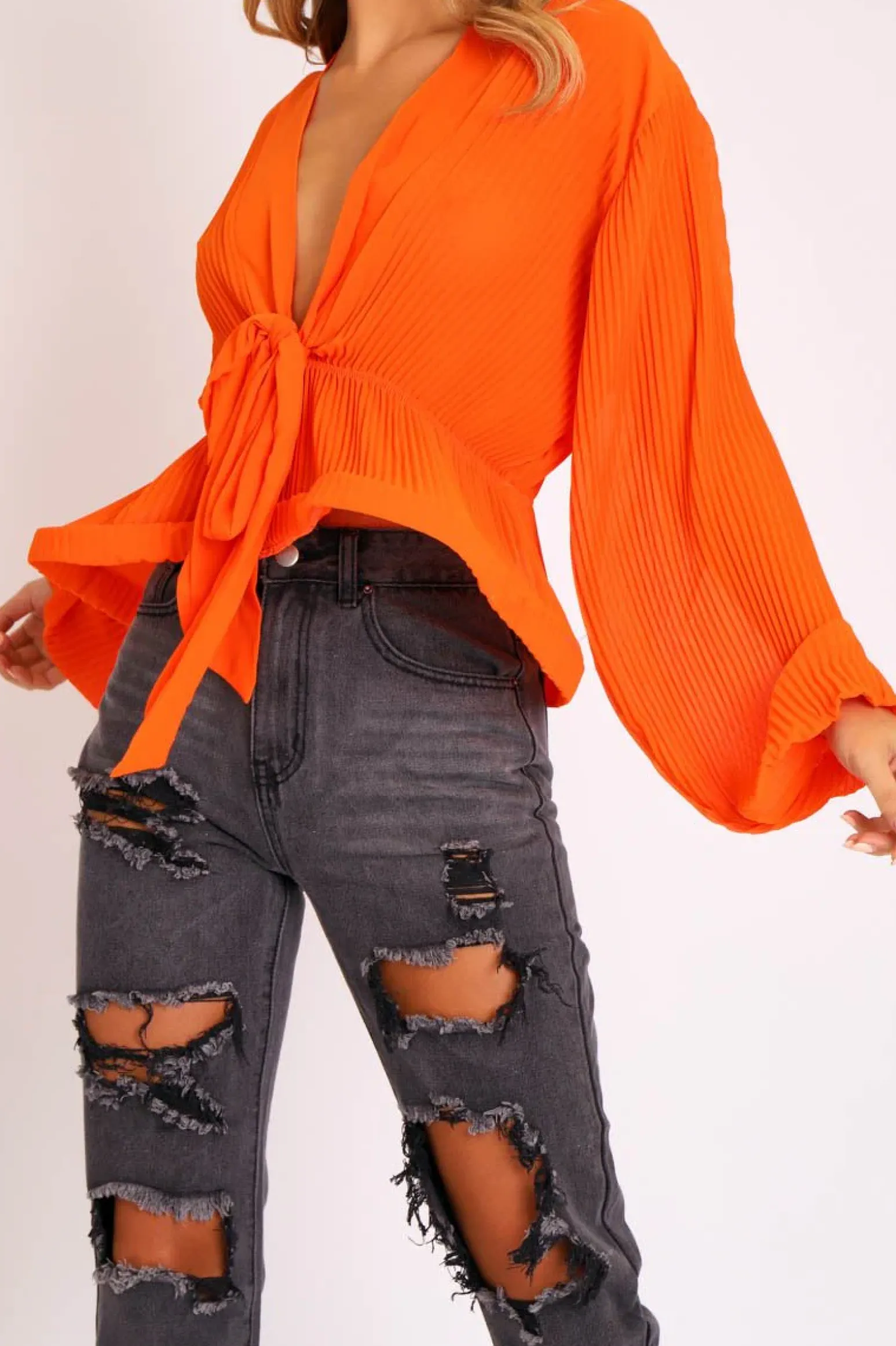 Rebellious Fashion Orange Extreme Plunge Structured Peplum Pleated Top - Ivy