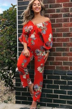 Rebellious Fashion Orange Floral Kimono Sleeve Jumpsuit - Pilar