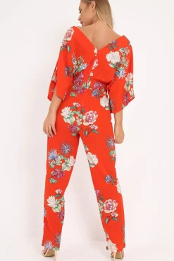 Rebellious Fashion Orange Floral Kimono Sleeve Jumpsuit - Pilar